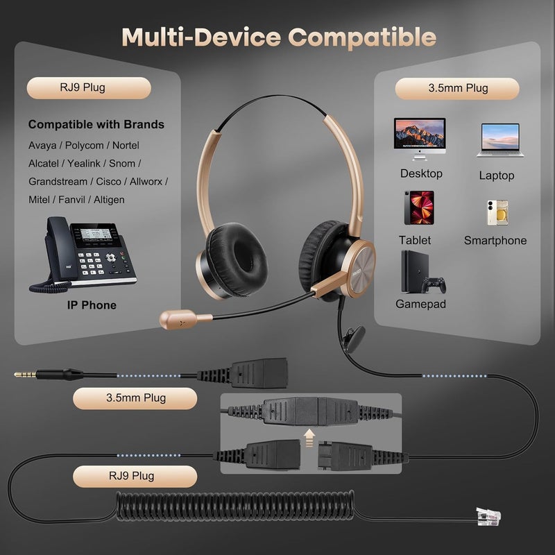 MAIRDI Phone Headset with RJ9 & 3.5mm Jacks for Call Center Deskphone Cell Phone PC Laptop, Office Landline Telephone Headset with Microphone Noise Canceling for Polycom Avaya Nortel - Image 4